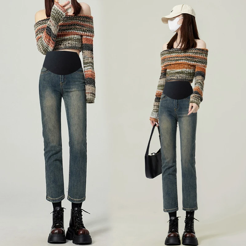 孕妇牛仔裤2024新款时尚直筒裤九分显瘦春秋款宽松托腹休闲裤外穿