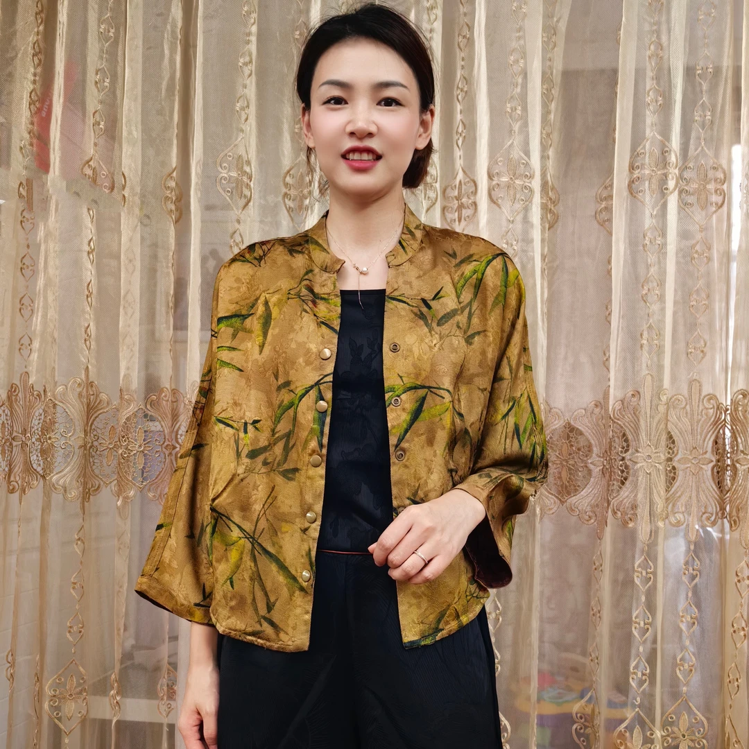 云裳女装秋季新款桑蚕丝九分袖外套上衣 双面双穿中式重磅花色