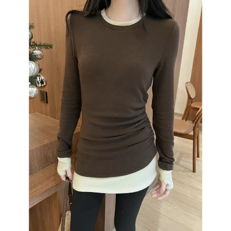 【加绒】高级感褶皱撞色显瘦洋气百搭不规则双层打底衫