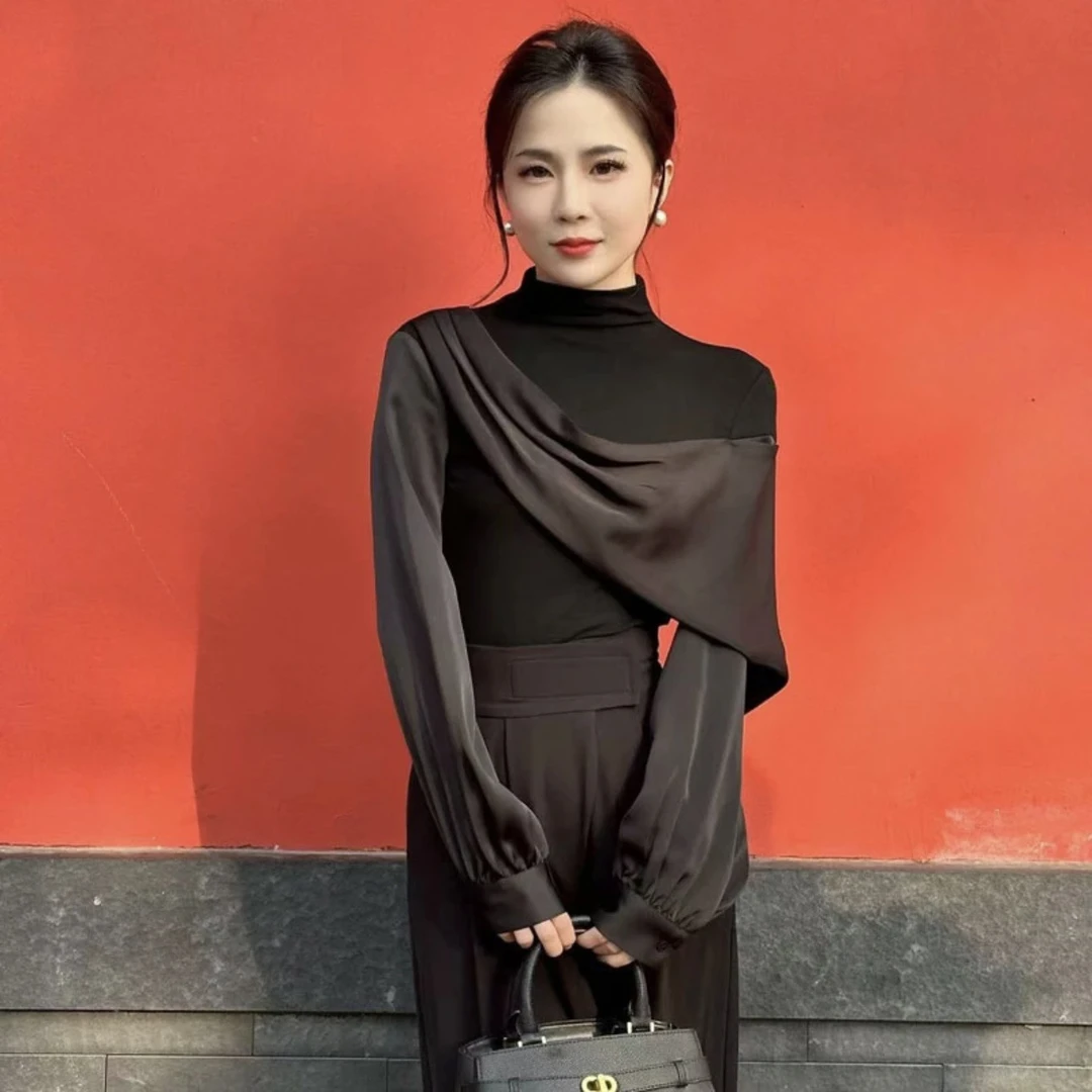 2024春季新款轻奢时尚拼接长袖衬衫女小众气质百搭上衣