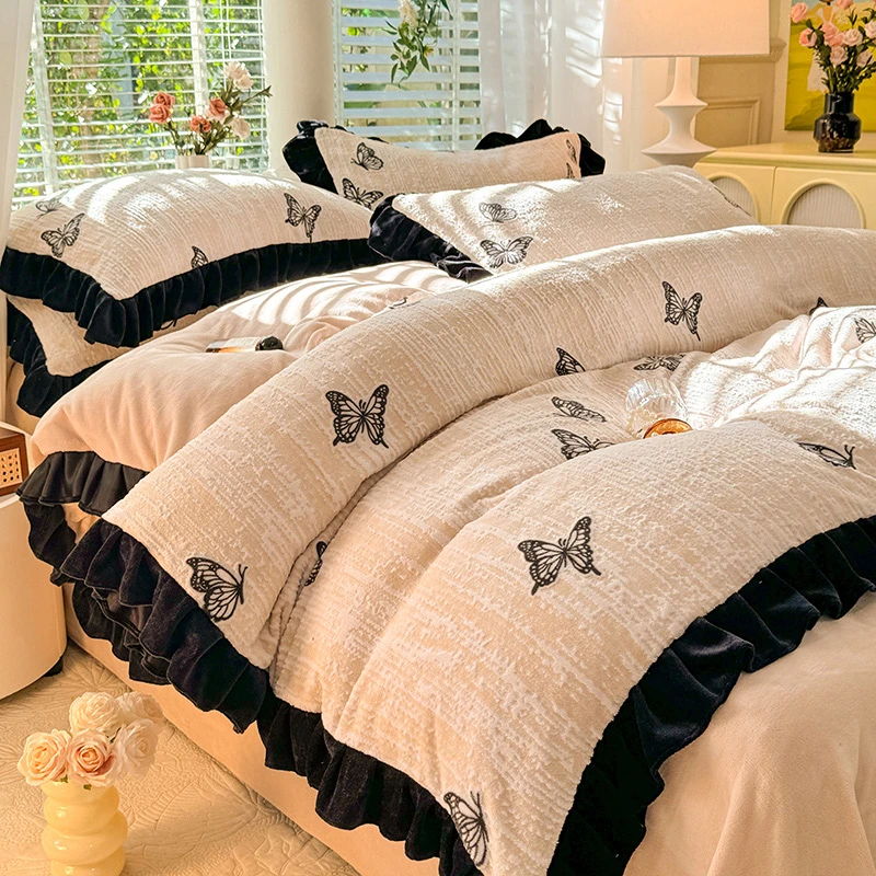 韩版花边雕花牛奶绒四件套加厚牛奶绒公主风加绒保暖床上用品套件