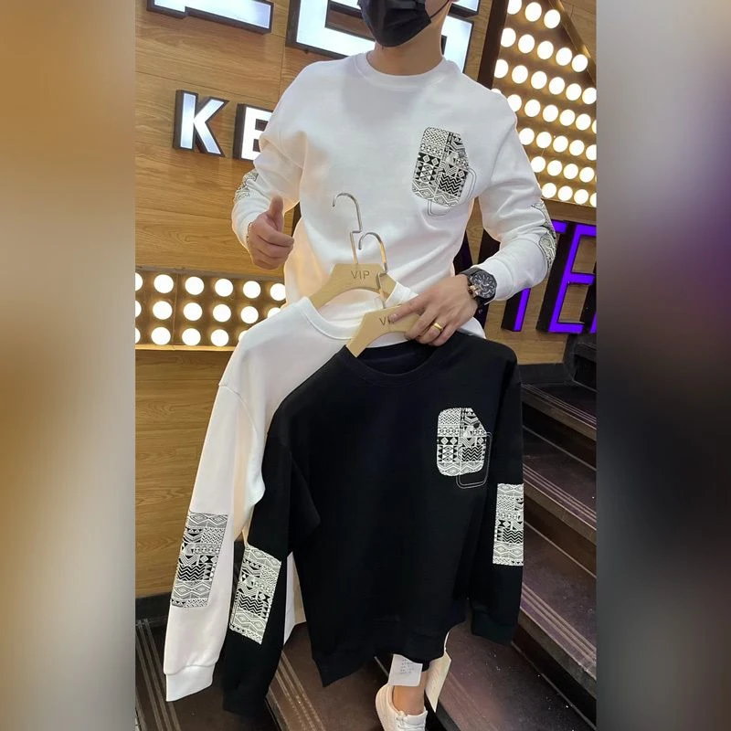 精神小伙个性印花卫衣潮牌新款休闲百搭长袖网红男士圆领打底上衣