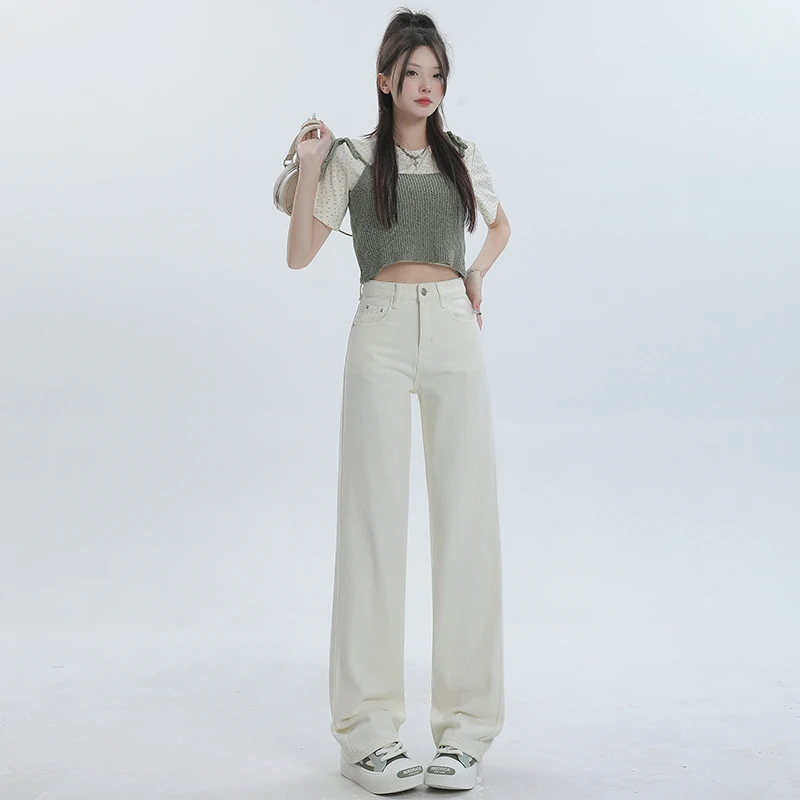 白色窄版阔腿牛仔裤女高腰时尚百搭显瘦宽松拖地裤子垂感直筒裤