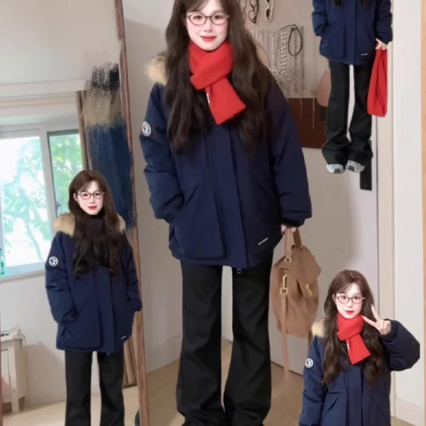 藏蓝色工装派克服女冬季2024新款小个子女款羽绒服带派克羽绒服