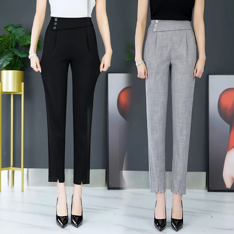 麻料九分裤女夏2025新款松紧腰女哈伦裤子宽松显瘦哈伦长裤女