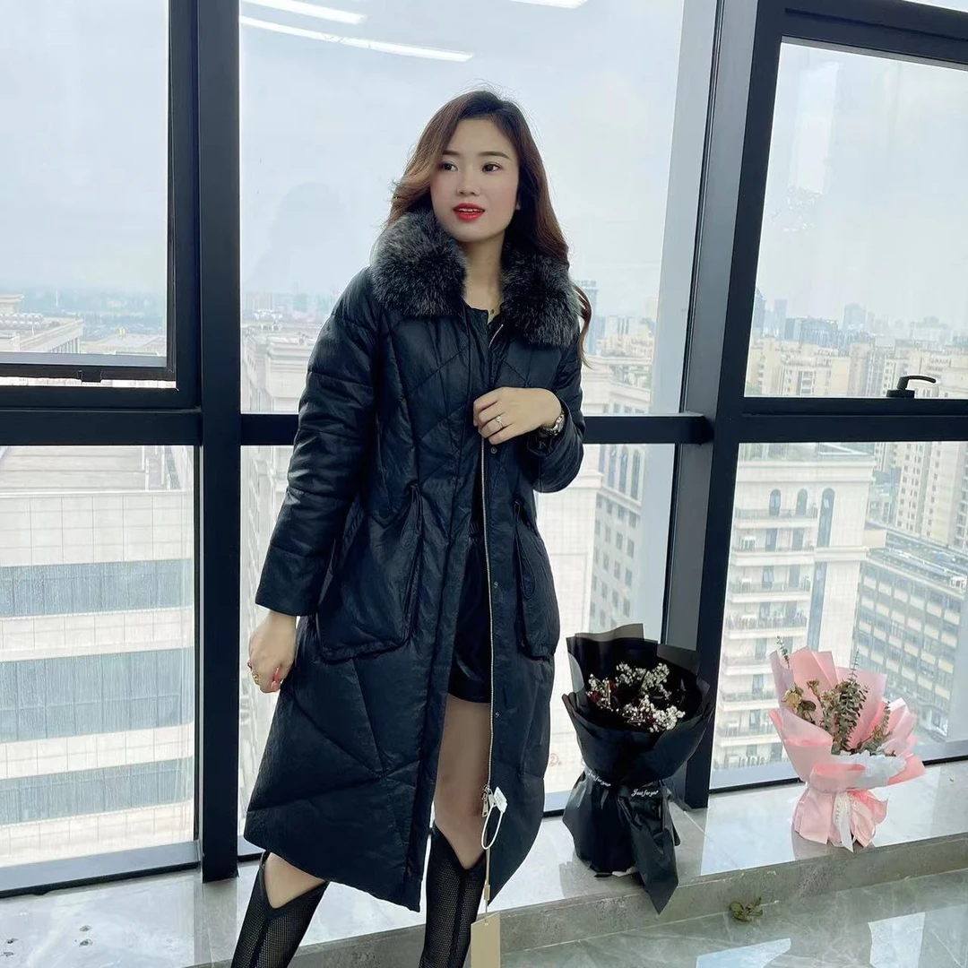海宁斜插口袋狐狸毛真皮羽绒服网红冬季中长款女士长款气质PYR220