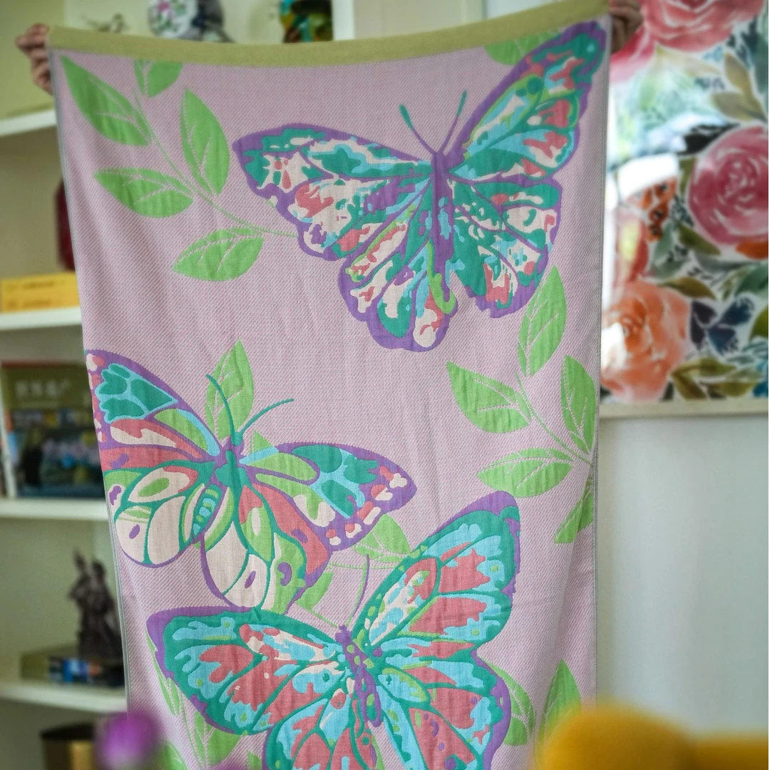 【奇居稷飞】双面彩蝶纯棉浴巾家用柔软加大裹巾80*160cm#CDYJ-01