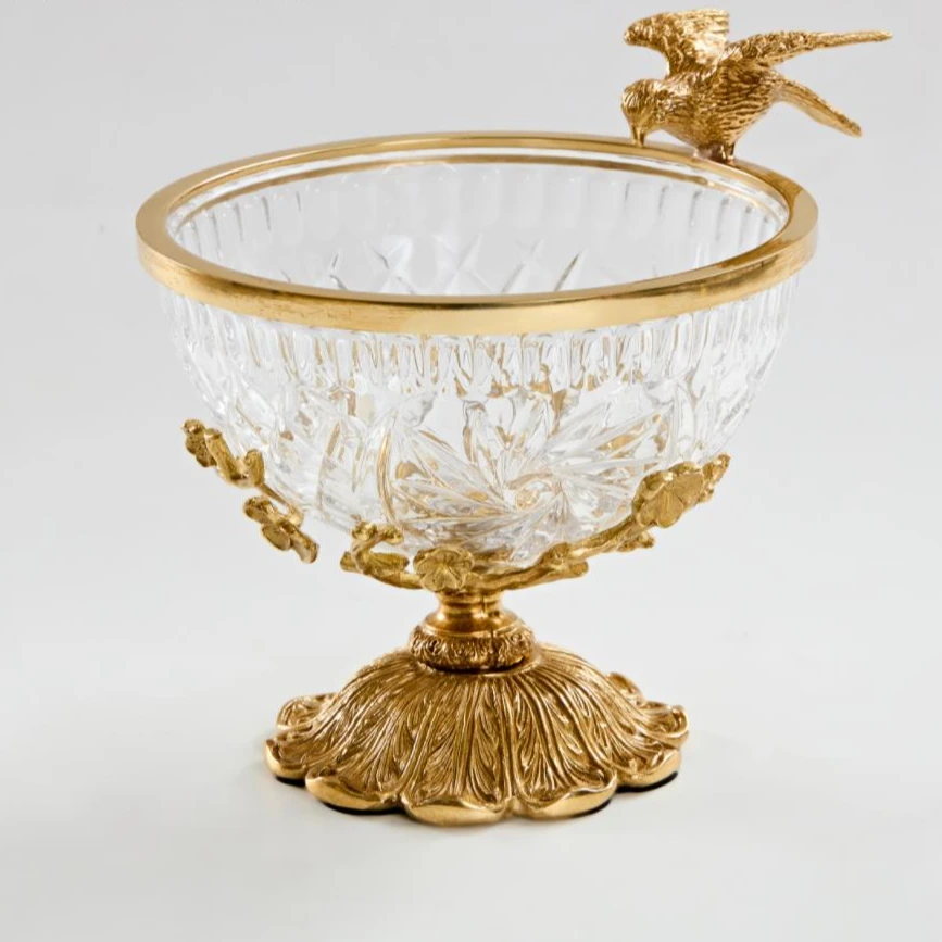 【奇居稷飞】鹊上梅梢黄铜水晶玻璃果盘#G1135