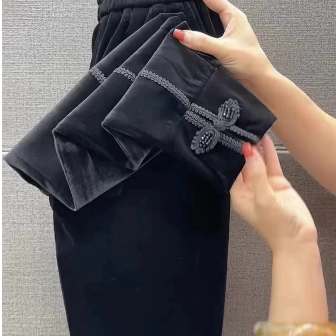 丝绒显瘦卫裤女秋冬季减龄通勤加厚哈伦裤新中式盘扣休闲裤
