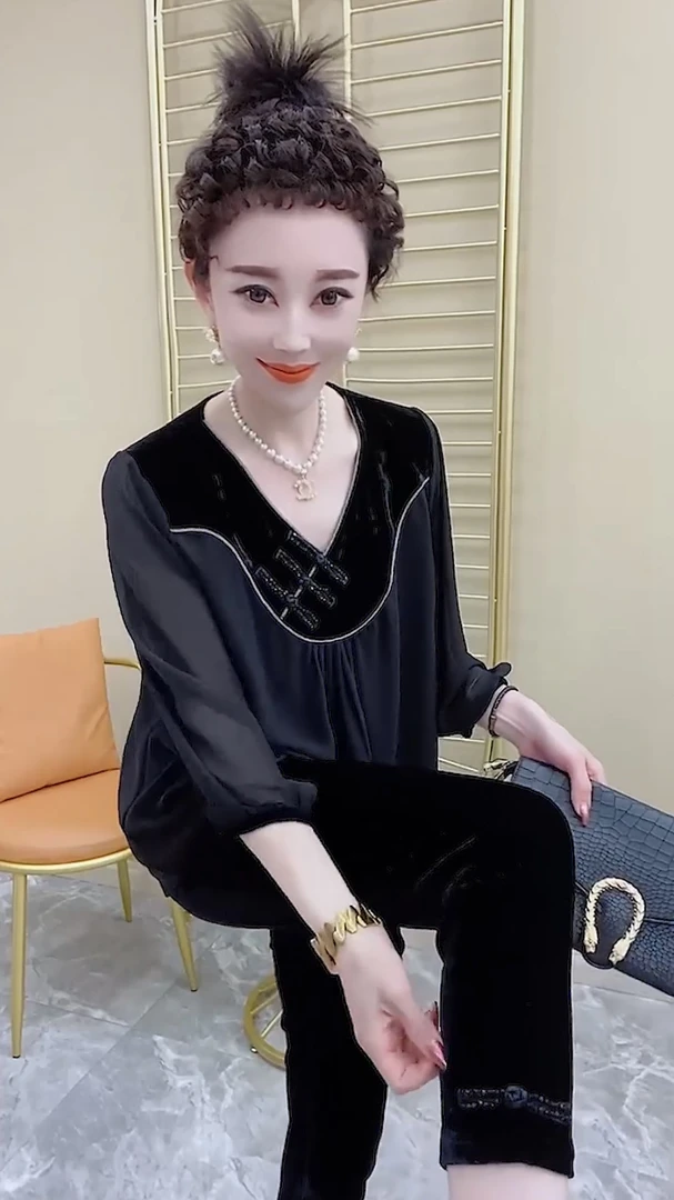 百搭复古风丝绒拼接雪纺盘扣改良唐装气质时尚显瘦中老年女装