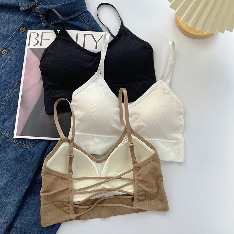 交叉美背带胸垫文胸一体v领背心内衣女内搭运动短款吊带抹胸裹胸