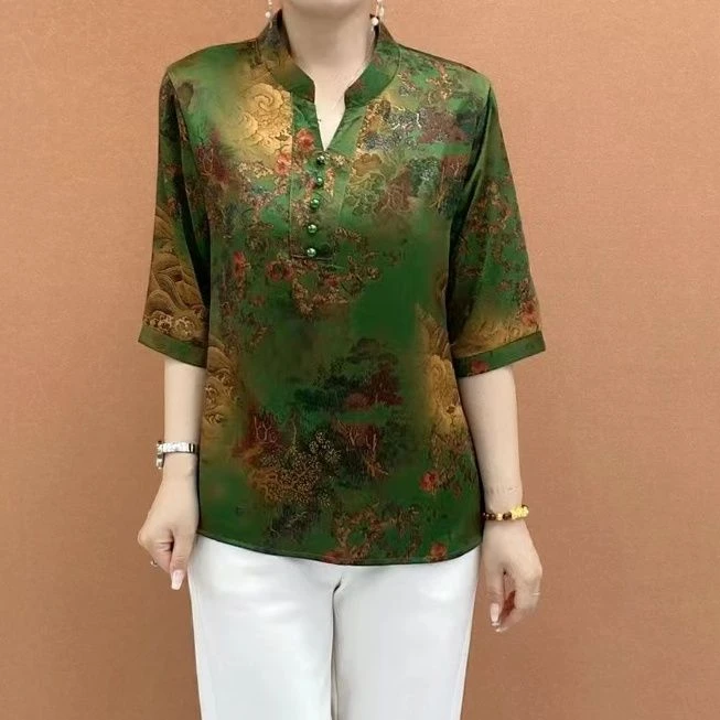 夏季网红爆款中老年新中式复古气质百搭显瘦高档洋气时尚大码上衣