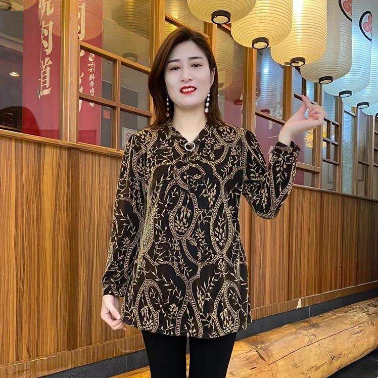 春夏网红新款时尚百搭气质高档洋气减龄复古印花中长款中老年小衫