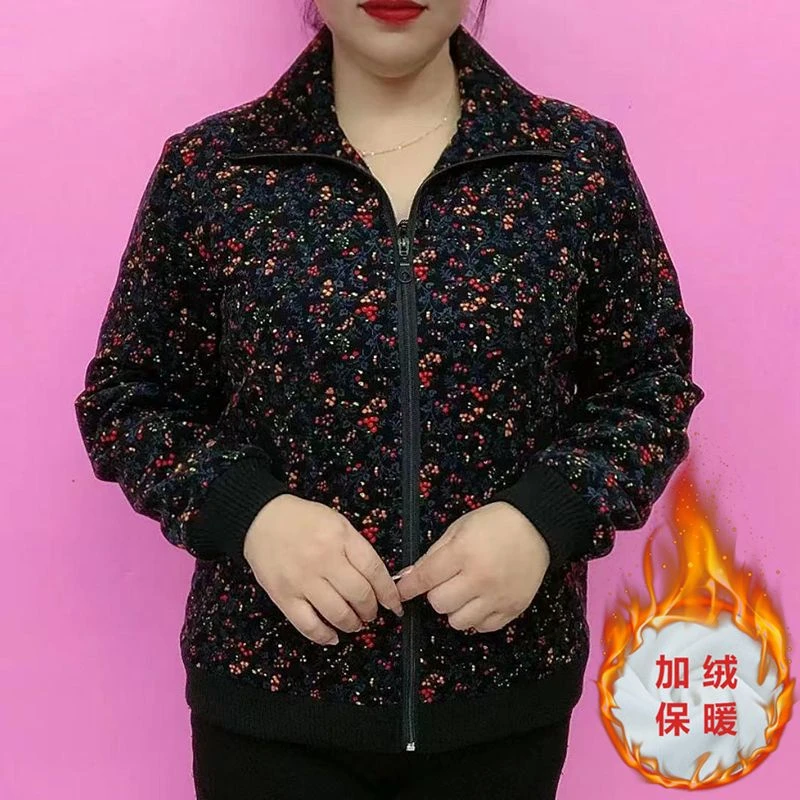 秋冬网红新款中老年复古碎花印花保暖长袖外套高档百搭加绒妈妈装