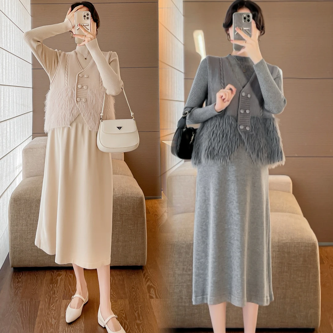 孕妇装2024秋冬新款轻奢收腰显瘦加厚马甲长袖连衣裙两件套套装