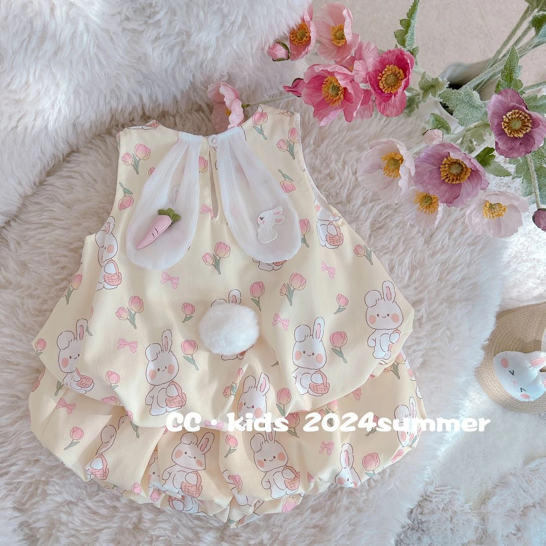 【套装】女童夏季新款可爱小兔兔套装女宝无袖花苞裤卡通甜美两件套