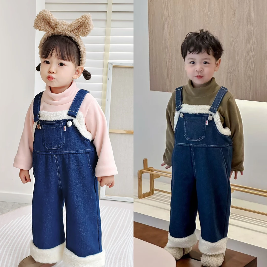 儿童牛仔背带裤加绒2024新款冬装中小童休闲长裤女童裤潮洋气百搭