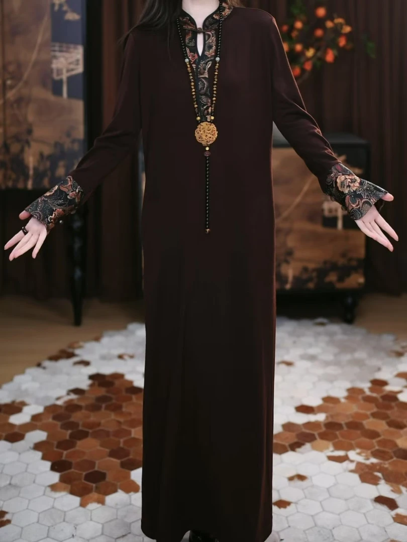 【可希】新中式长款时尚气质休闲透气拼接宽松复古长款连衣裙