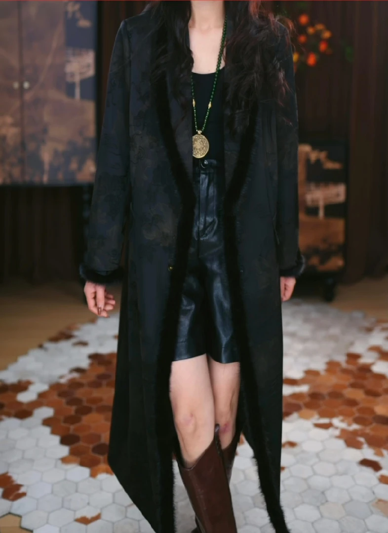 【可然】新中式腔调感长款重磅时尚秋款时尚遮肉复古黑色百搭风衣