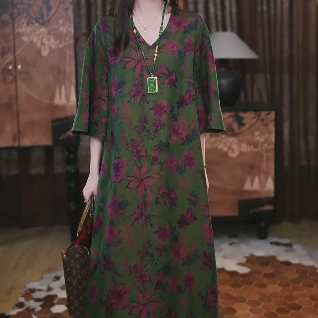 【诺辰】香云纱长款重磅时尚春夏提花遮肉印花复古长裙连衣裙