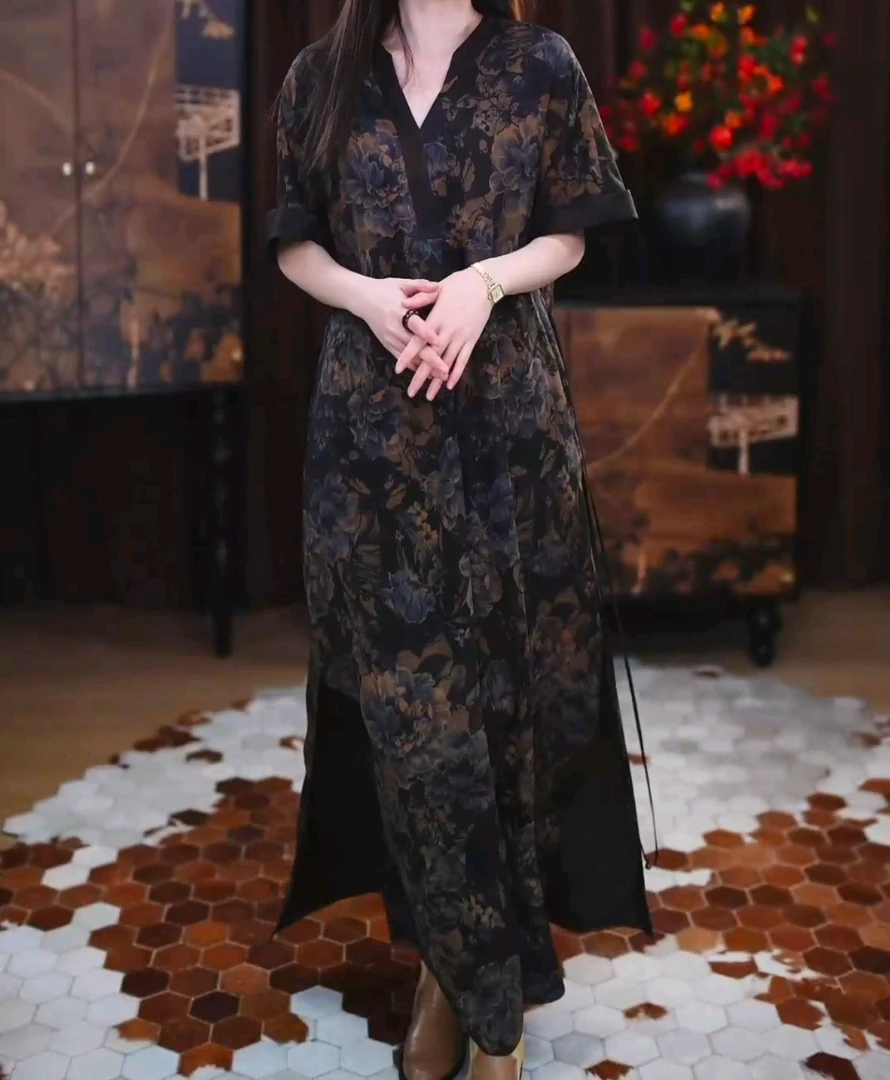 【见遥】香云纱新中式长款重磅时尚春夏提花遮肉印花复古长裙连衣裙