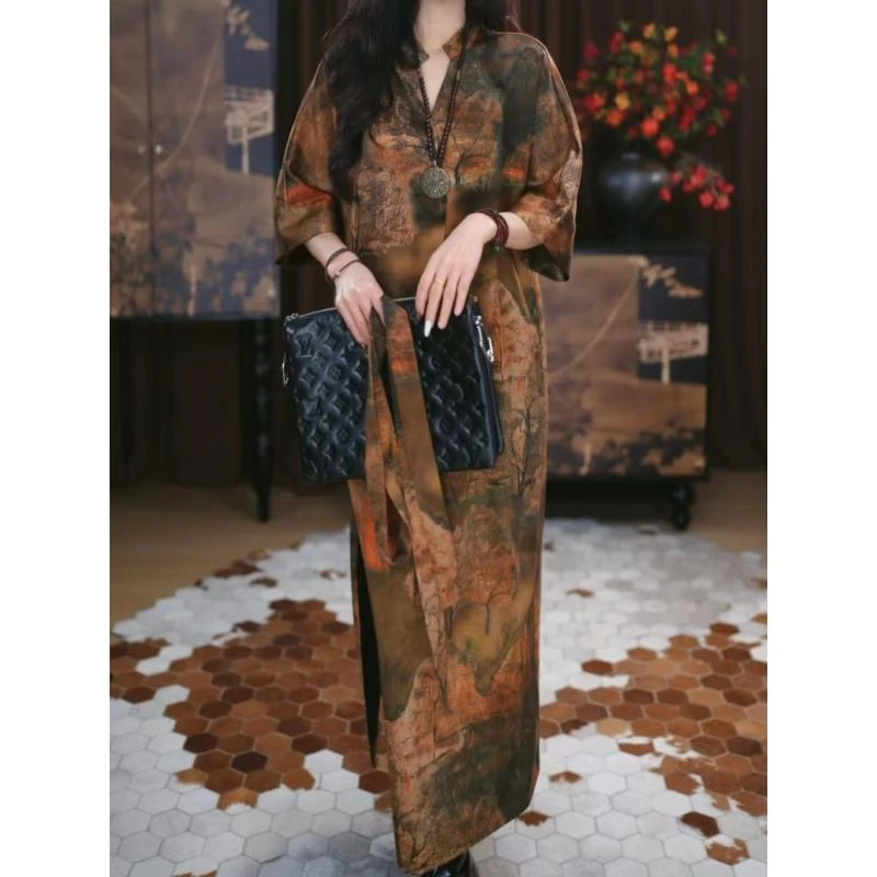 【知浔】香云纱新中式复古宽松女士国风腔调长款休闲时尚连衣裙