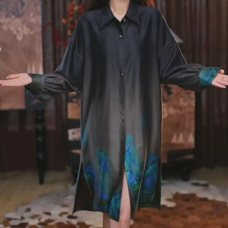 【非晚】新中式百搭国风复古印花系带显瘦显高气质黑色宽松长衬衫