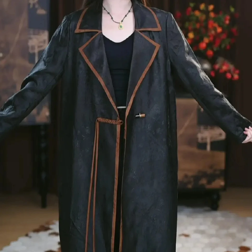 【宇哲】香云纱长款复古气质新中式提花显瘦立提时尚减龄中长款风衣