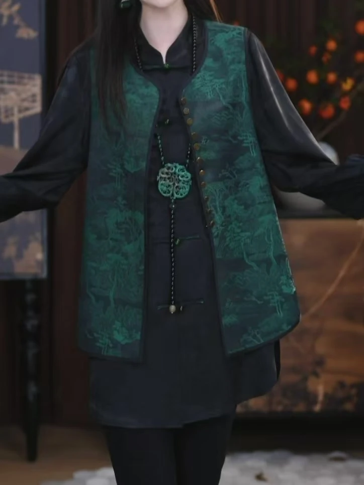 【椿花】新中式复古气质中国风提花显瘦立提时尚拼接中款双面穿马甲