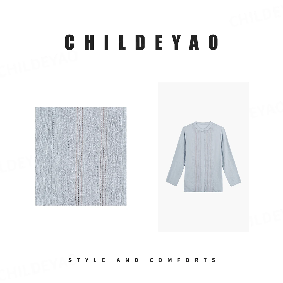 Childe Yao100%亚麻刺绣酵素水洗雾霾蓝衬衫 A4005