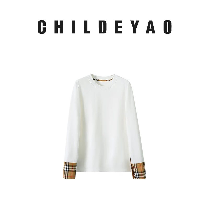 CHILDEYAO新款白色打底上衣设计拼接格纹袖口纯棉长袖t恤女FT3103