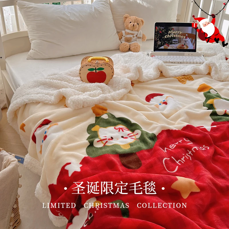 可爱圣诞小猫咪毛毯冬季羊羔珊瑚绒办公室午睡小毯子披肩沙发盖毯