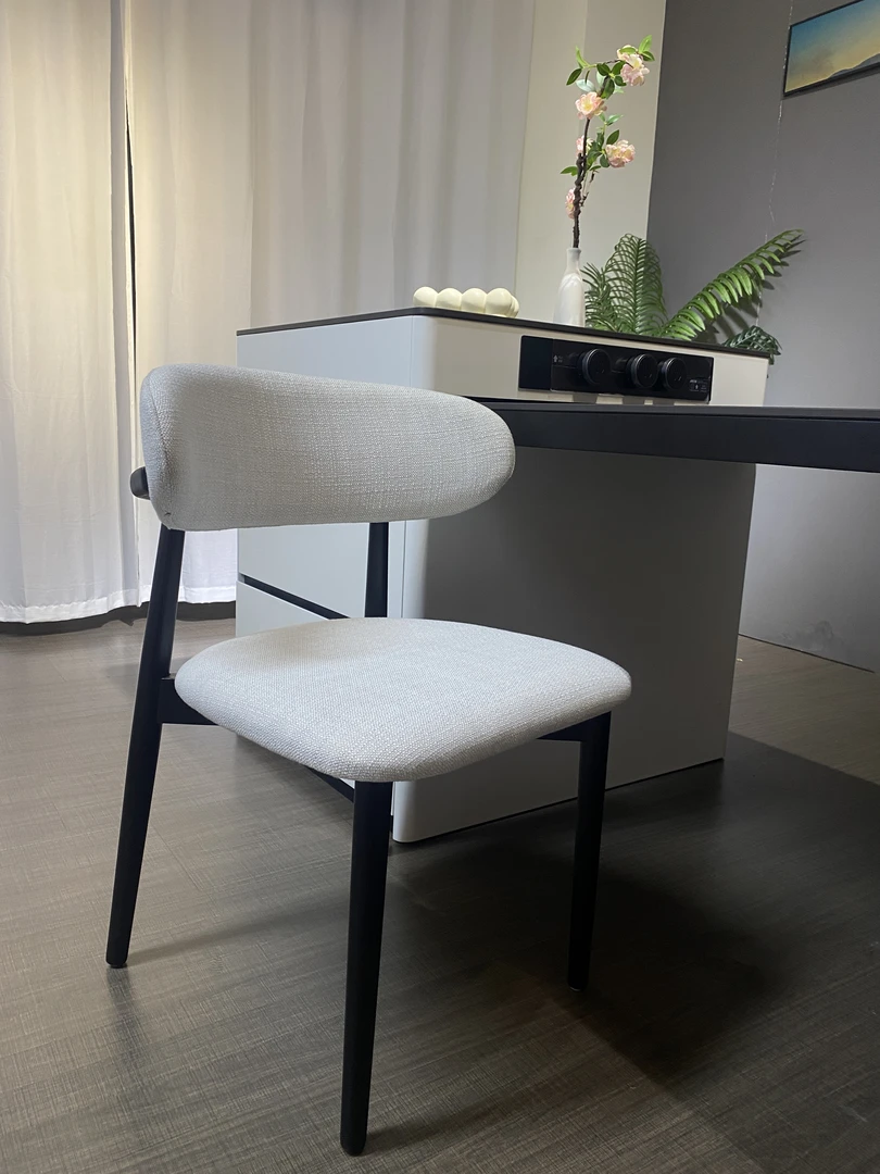 岛台餐椅轻奢极简白蜡木客厅椅子靠背棉麻实木餐椅布艺桌椅子家用