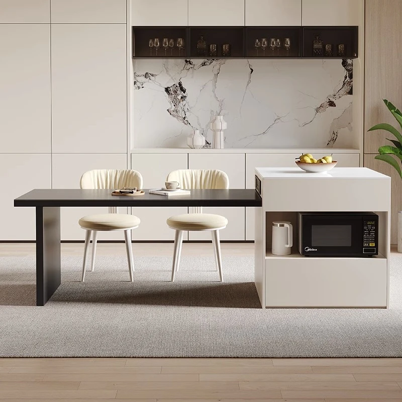 法式奶油风轻奢高级岩板岛台餐桌一体微波炉可伸缩中岛台家用定制