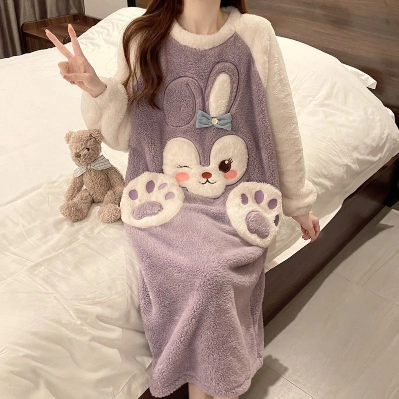 2024年ins风睡衣女秋冬款珊瑚绒套头睡裙甜美学生宿舍韩版家居服