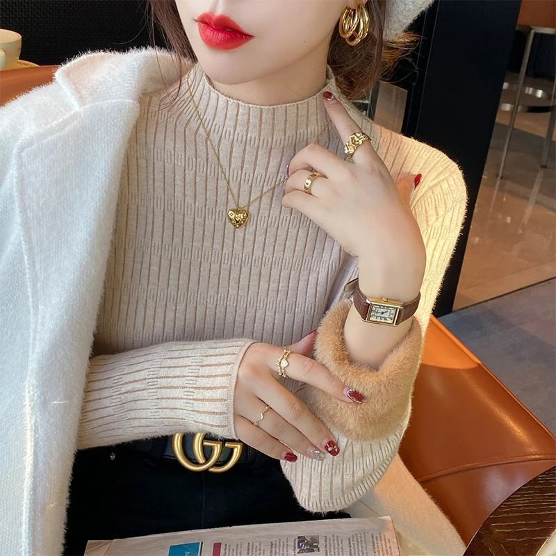 2024年加绒毛衣打底衫女2023年新款半高领秋冬一体加厚保暖修身冬