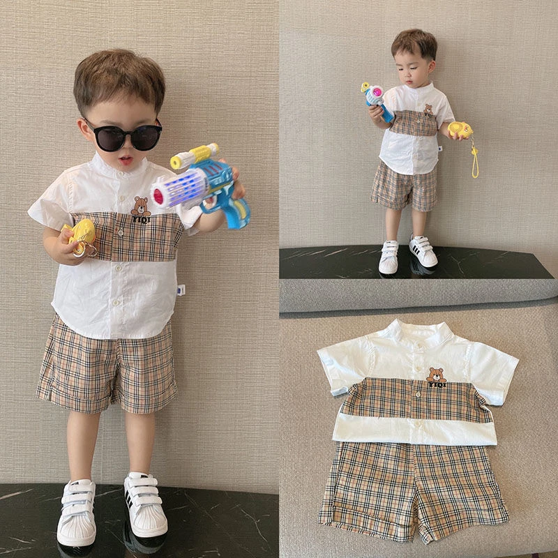 新款1-3-6夏季男童短袖套装婴幼小童短T恤衬衣格子小熊卡通礼服装