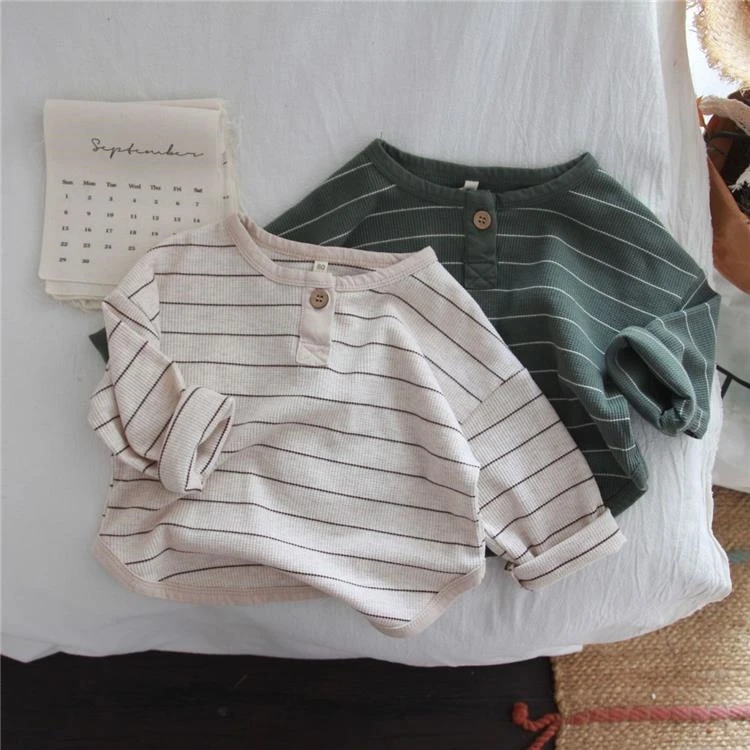 新款男童复古文艺范韩版儿童条纹T恤洋气圆领宝宝打底衫春季新款T
