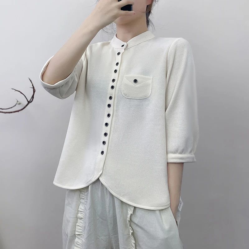 新款文艺复古休闲上衣春夏纯色衬衣短袖立领宽松显瘦衬衫气质薄款