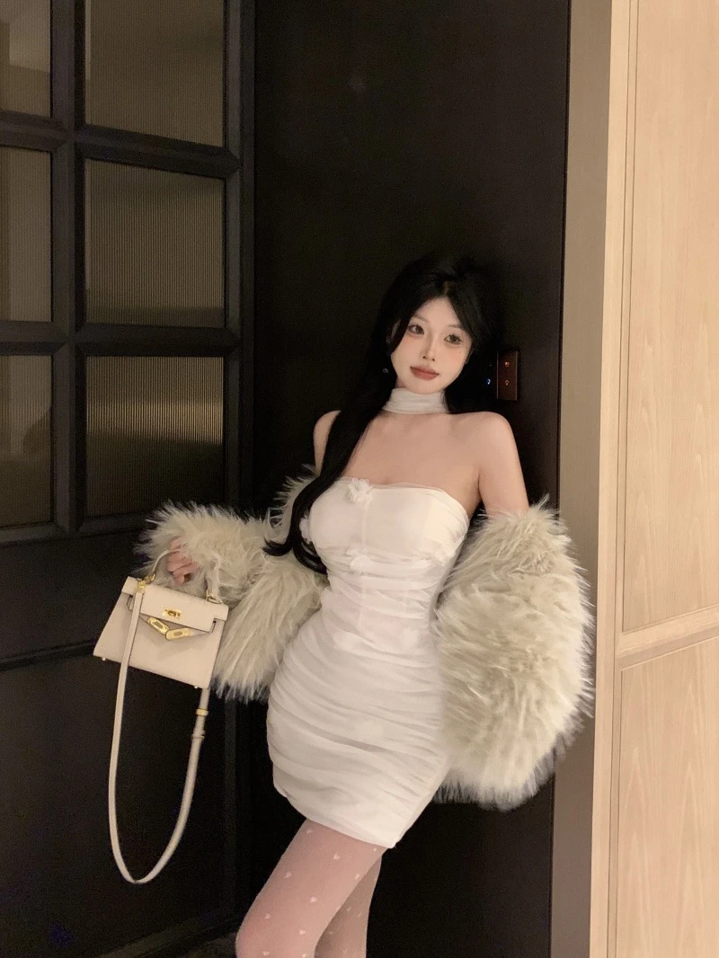 【CUTE 专属】纯欲网纱花朵辣妹连衣裙挂脖一字肩包臀裙#DB026、027