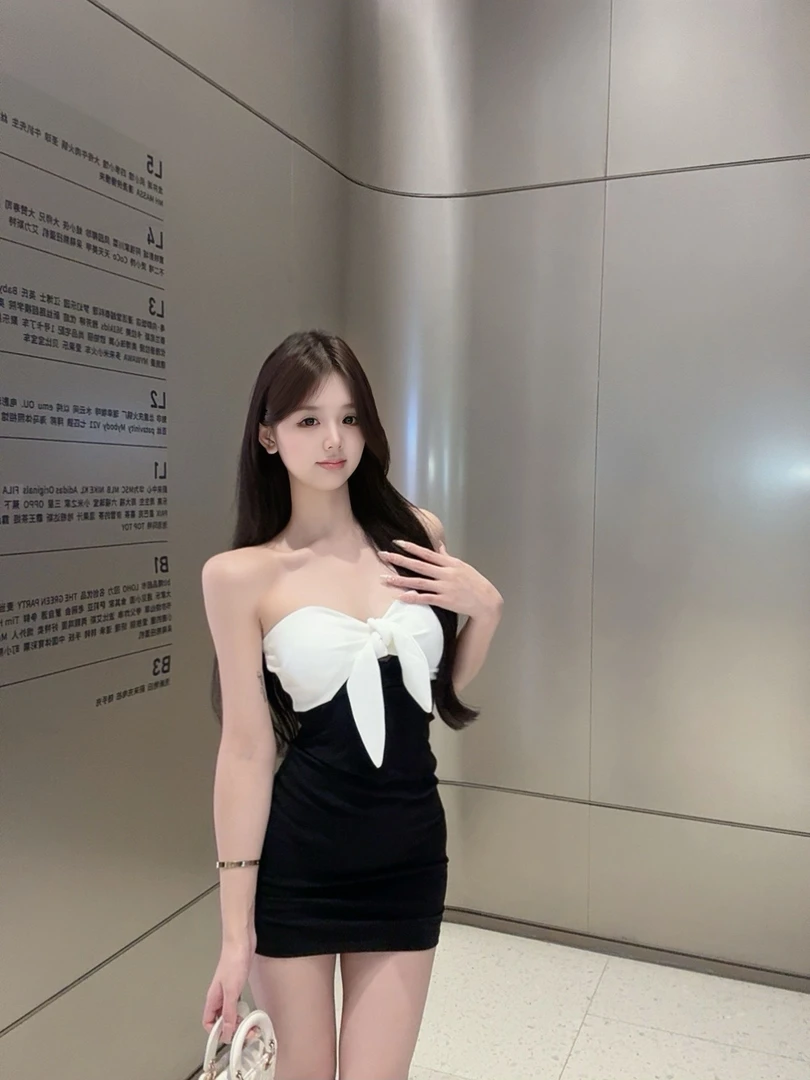 【CUTE 专属】性感抹胸拼接蝴蝶结连衣裙撞色显瘦修身包臀裙