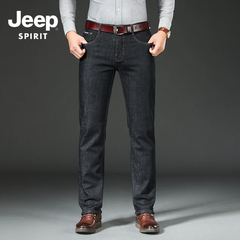 JEEPSPIRIT吉普正品休闲牛仔裤男士秋冬加绒商务直筒宽松长裤子男