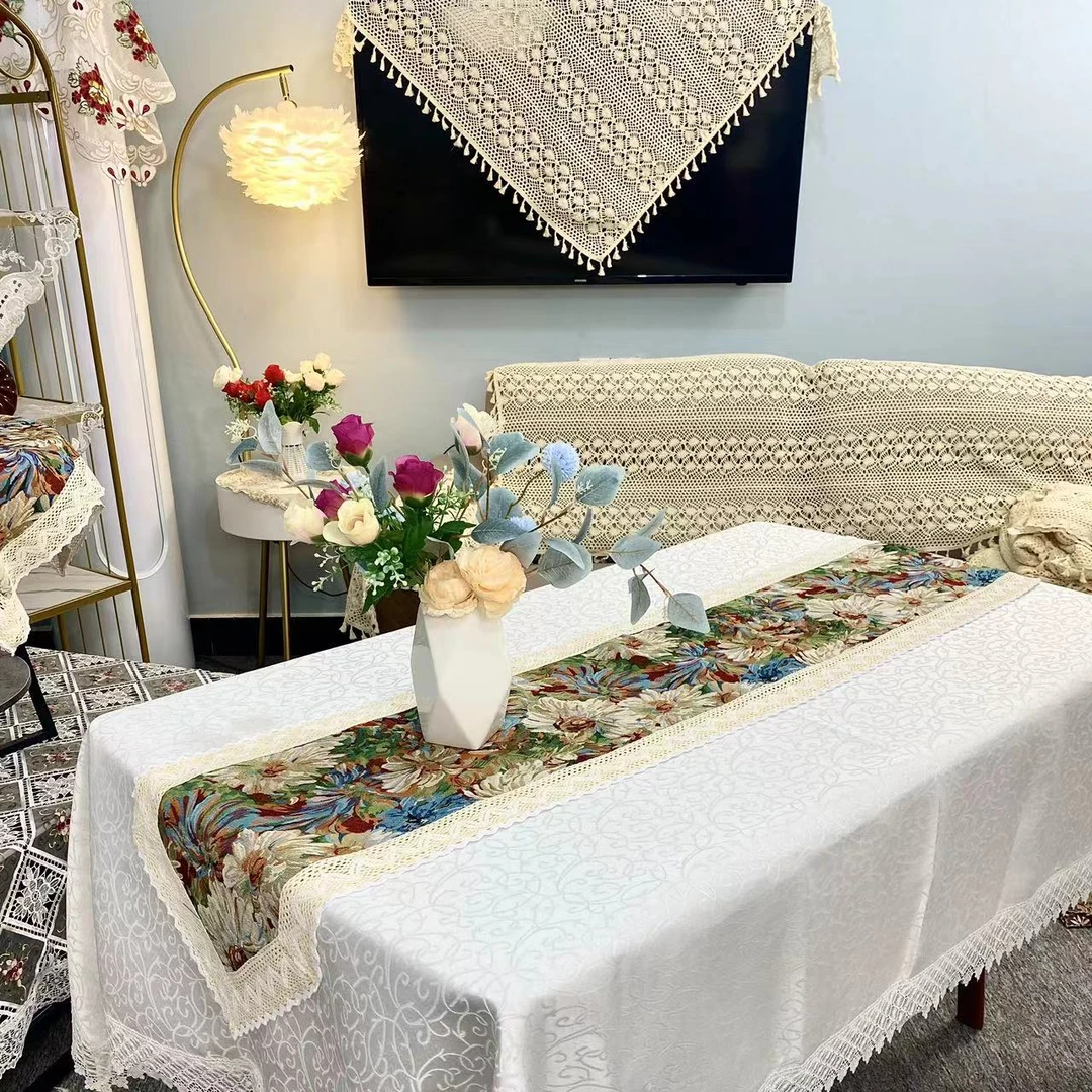 E-06 [【35*180CM】 棉麻质菊花图案冰箱盖巾 家用 防 滑方 形桌 旗