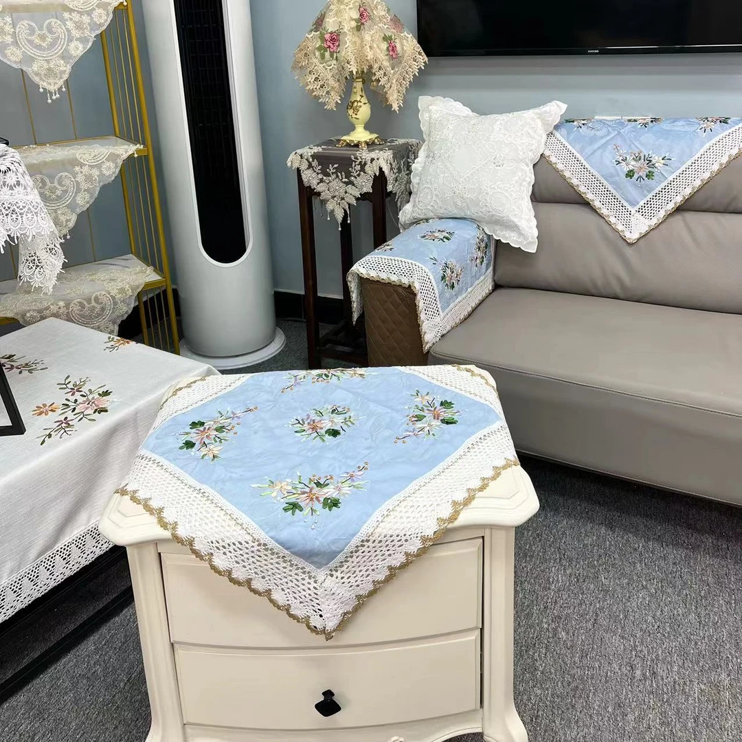 F-04【60 *60 】蓝色手工丝带绣 棉麻质方形盖巾盖布绣花床头柜盖巾