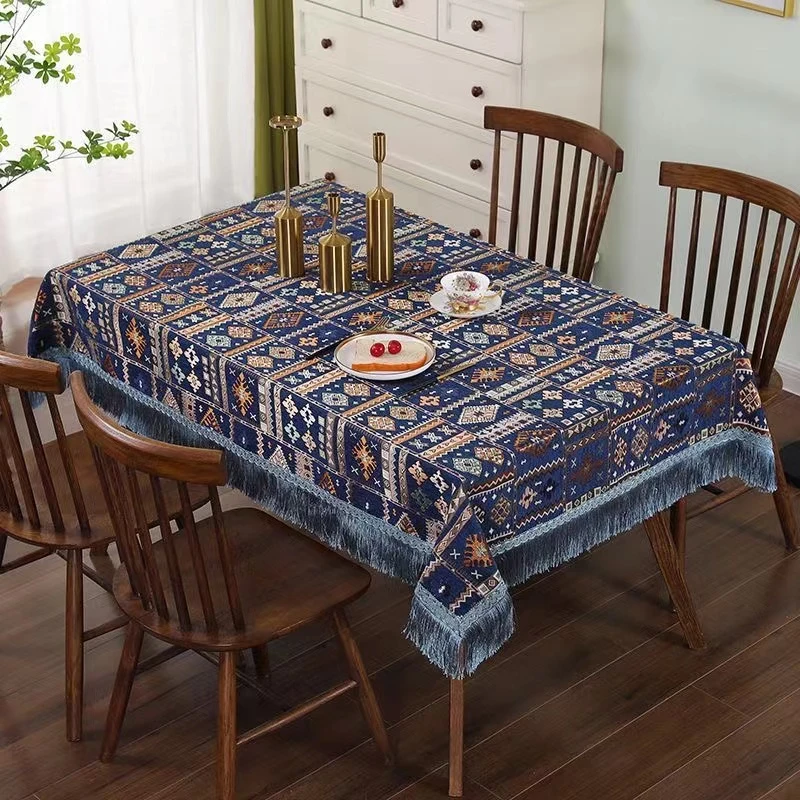 A-02蓝色（130*180）雪尼尔餐桌布复古民族风小众流苏桌布茶几布