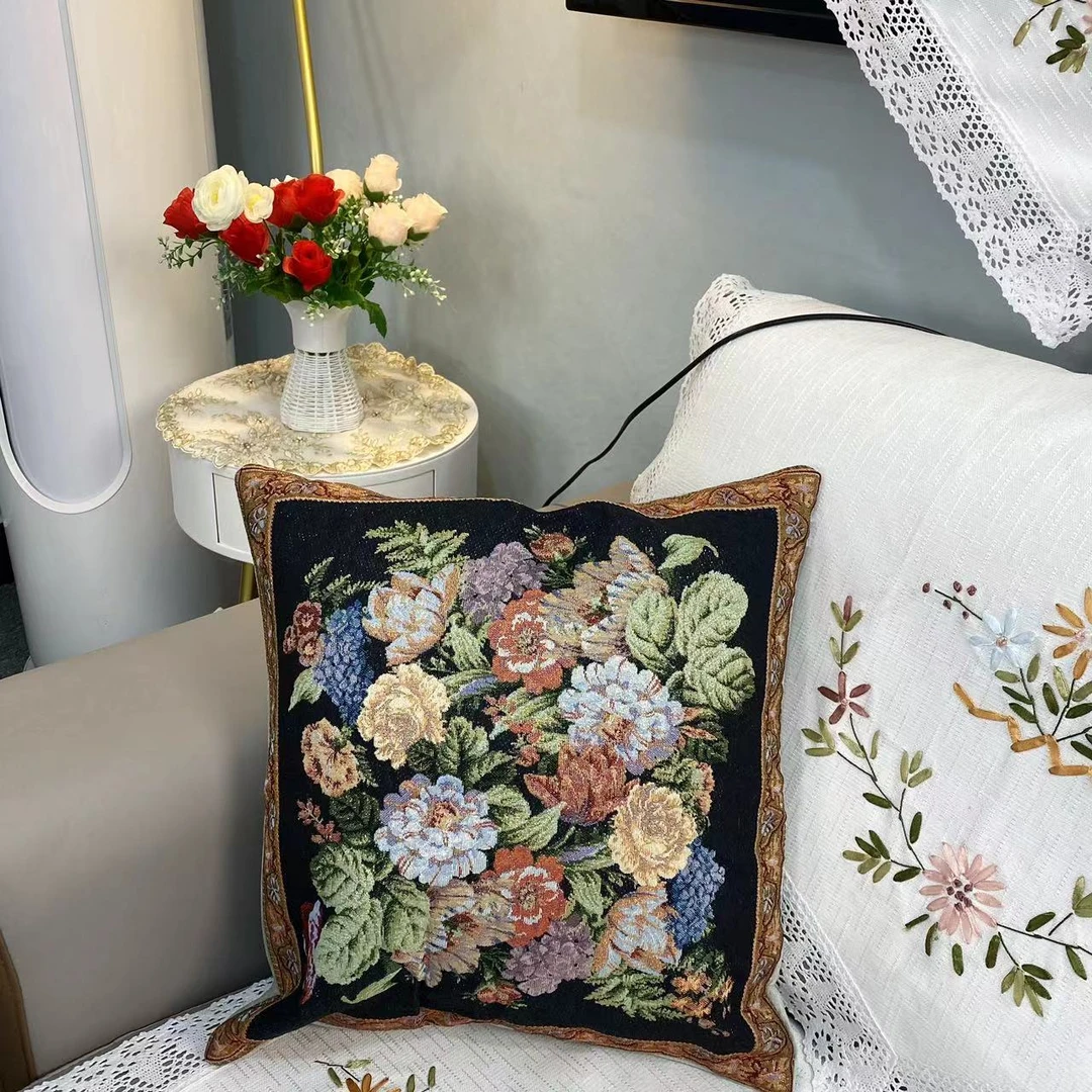 D-15【45*45】不含芯百花齐放棉麻交织抱枕套卧室欧式沙发靠背垫