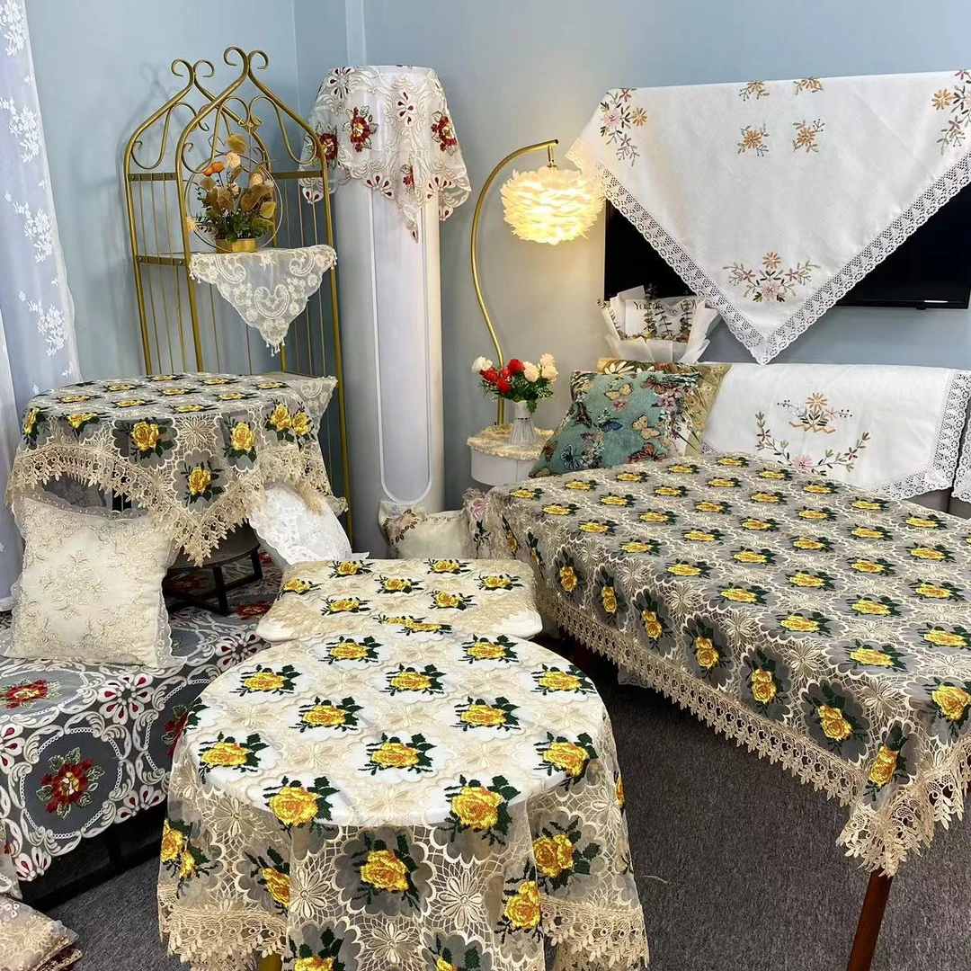 E-08【45*45】金色水溶花边手工玫瑰刺绣欧式卧室法式盖巾盖布