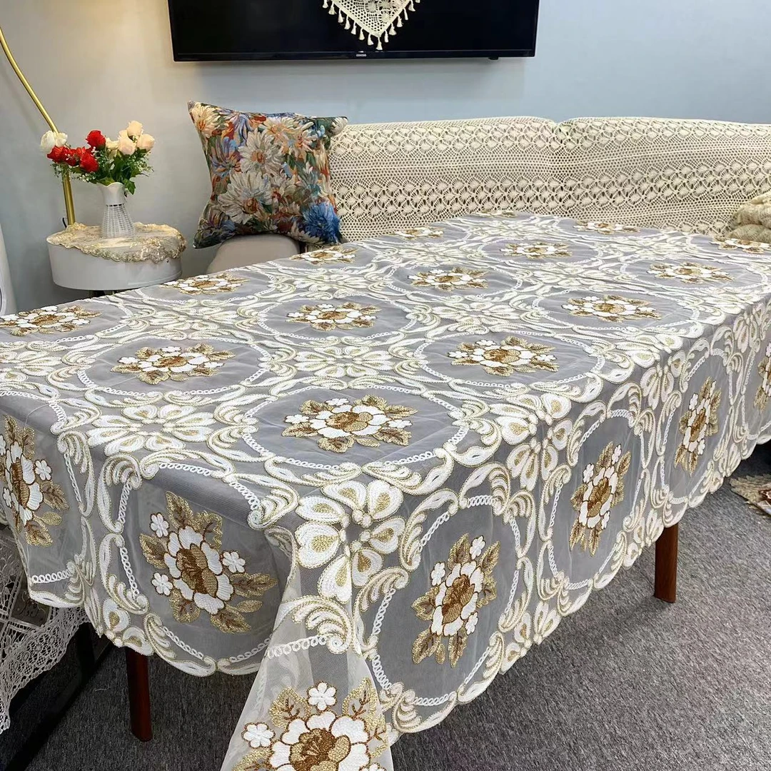 E-01【130*180CM】金色毛巾绣玻璃纱刺绣盖巾