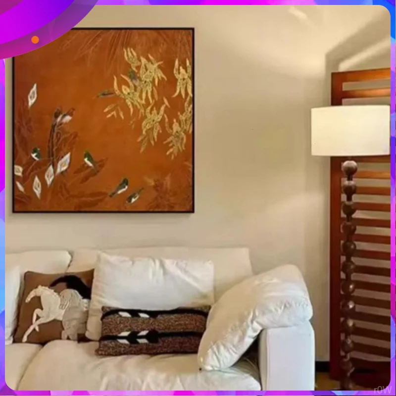 肌理简约轻奢卧室客厅沙发画风中古朝阳复古百鸟餐厅装饰画肌理