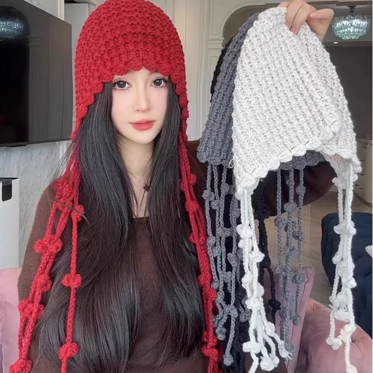 八根流苏手工针织帽川西旅游镂空针织包头帽子女冬季显脸小冷帽